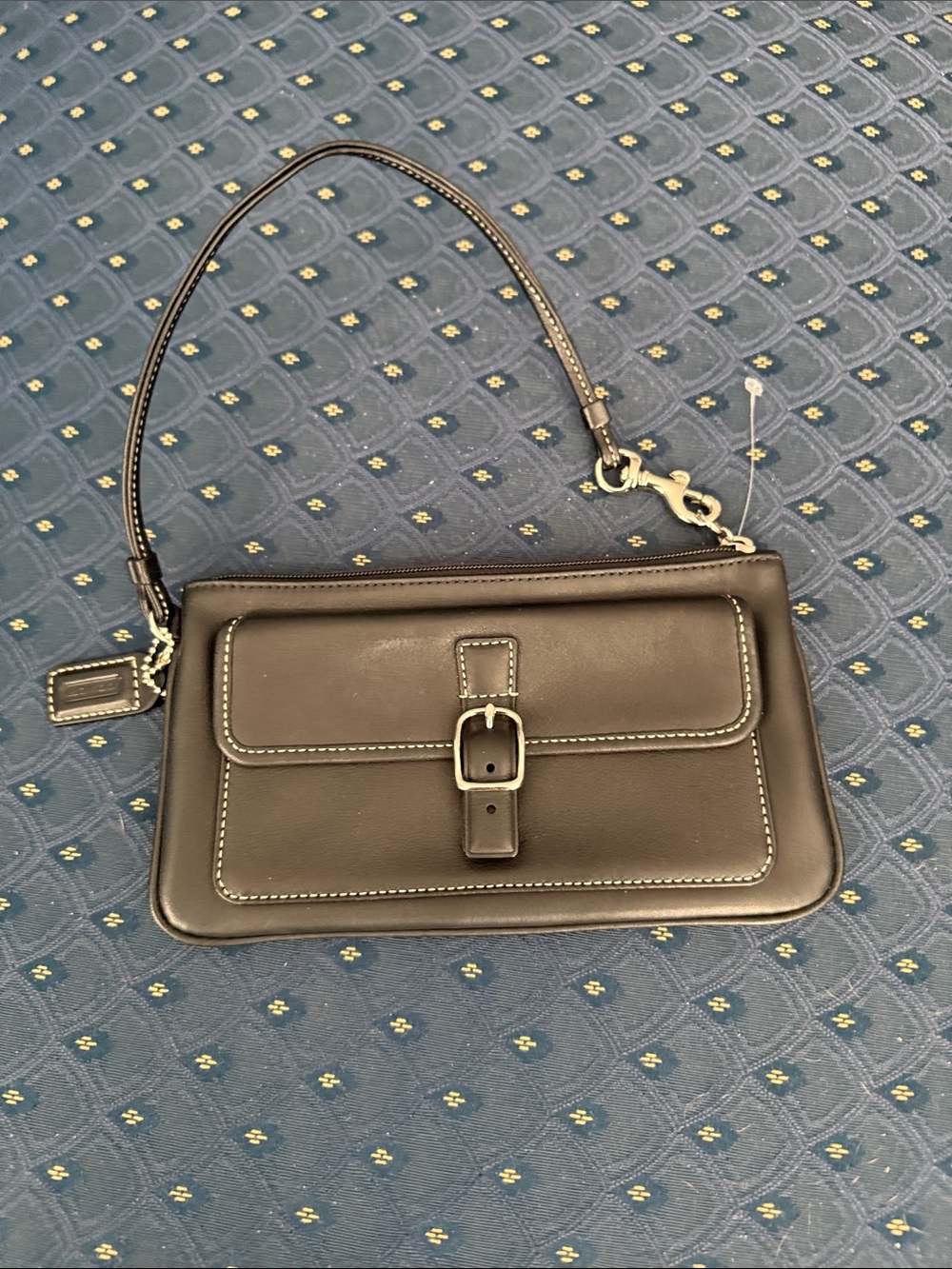 Coach Black Leather Wristlet with Front Buckle Detail
